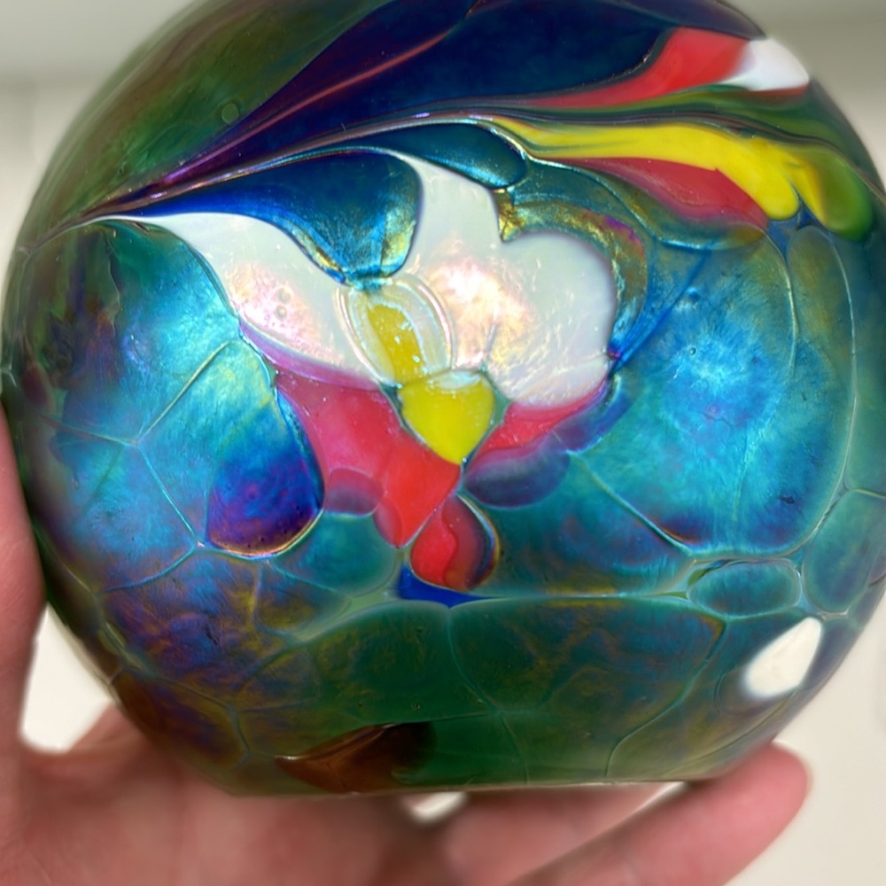Handblown Iridescent Mosaic Art Glass Oil Lamp With Brass Top - Picture 8 of 14